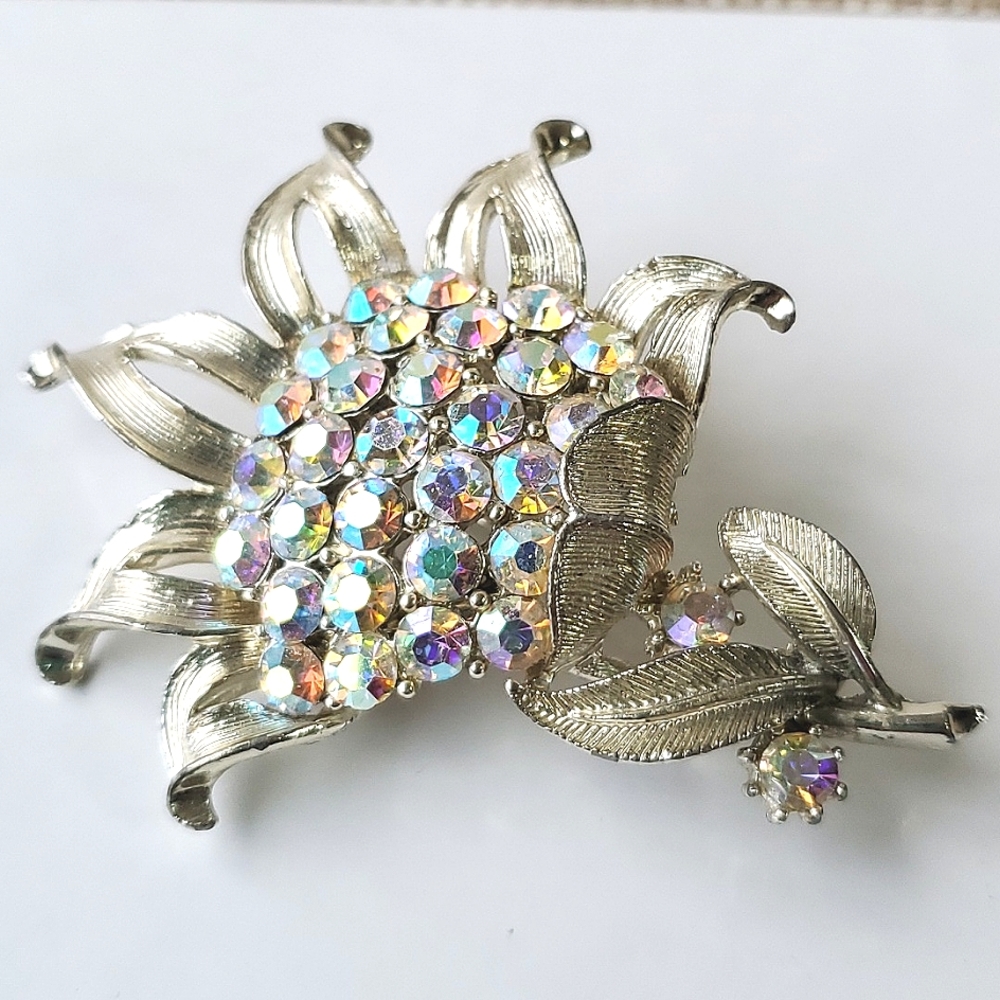 Vintage Coro Pegasus Corn Flower Aurora Borealis Large Rhinestones Brooch Pin